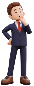 Business man questioning with finger on cheek